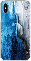 Voor iPhone XS Max reliëf gelakt marmer TPU beschermhoes met houder (donkerblauw)