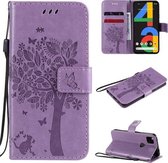 Voor Google Pixel 4a 4G Boom & Kat Reliëfpatroon Horizontale Flip Leren Case met Houder & Kaartsleuven & Portemonnee & Lanyard (Lichtpaars)