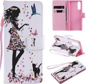 Voor Sony XZ5 Schilderen Horizontale Flip Leren Case met Houder & Kaartsleuf & Lanyard (Vrouw en Kat)