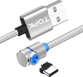 TOPK 1m 2.4A Max USB naar USB-C / Type-C 90 graden elleboog magnetische oplaadkabel met LED-indicator (zilver)
