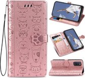 Voor OPPO A52 / A72 / A92 Leuke Kat en Hond Reliëf Horizontale Flip Leren Case met Beugel / Kaartsleuf / Portemonnee / Lanyard (Rose Goud)