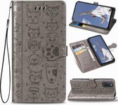 Voor OPPO A52 / A72 / A92 schattige kat en hond reliëf horizontale flip lederen tas met beugel / kaartsleuf / portemonnee / lanyard (grijs)