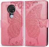 Voor Nokia 6.2 / 7.2 Butterfly Love Flower Reliëf Horizontale Flip Leather Case met Bracket Lanyard Card Slot Wallet (Pink)