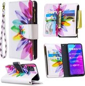 Voor Huawei Honor 9A Gekleurde Tekening Patroon Rits Horizontale Flip Lederen Case met Houder & Kaartsleuven & Portemonnee (Zon Bloem)