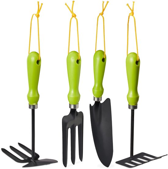relaxdays garden tools set - flower shovel - hand rake - harvesting fork - hoe - green