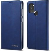 Voor Samsung Galaxy A21s LC.IMEEKE LC-002-serie Huid Handgevoel PU + TPU Horizontale flip lederen tas met houder & kaartsleuf & portemonnee (blauw)