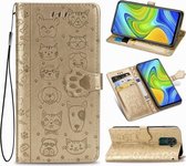 Voor Xiaomi Redmi 10X & Note 9 Mooie kat en hond reliëfpatroon Horizontale flip lederen tas, met houder & kaartsleuven & portemonnee & cartoon sluiting & lanyard (goud)