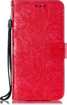 Kant bloem reliëf patroon horizontale flip lederen tas voor Geschikt voor Xiaomi Mi CC9e / A3, met houder & kaartsleuven & portemonnee & fotolijst & lanyard (rood)