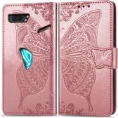 Voor Asus ROG Phone II 2 ZS660K Vlinder Liefde Bloemen Embossing Horizontale Flip Leren Case met Houder & Kaartsleuven & Portemonnee & Lanyard (Rose Goud)