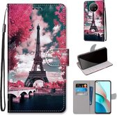 Voor Xiaomi Redmi Note 9T / Note 9 5G Gekleurde tekening Cross Texture Horizontale Flip PU lederen tas met houder & kaartsleuven & portemonnee & lanyard (Pink Flower Tower Bridge)