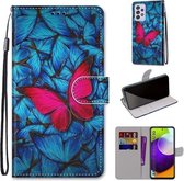 Voor Samsung Galaxy A52 5G Gekleurde Tekening Cross Textuur Horizontale Flip PU Lederen Case met Houder & Kaartsleuven & Portemonnee & Lanyard (Blauw Rood Vlinder)