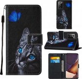 Voor Samsung Galaxy Note20 Ultra / 5G Cross Texture Painting Pattern Horizontale Flip Leather Case met Houder & Kaartsleuven & Portemonnee & Lanyard (Blue Butterfly Cat Eyes)