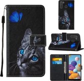 Voor Samsung Galaxy A21 Cross Texture Painting Pattern Horizontale Flip Leather Case met Houder & Kaartsleuven & Portemonnee & Lanyard (Blue Butterfly Cat Eyes)