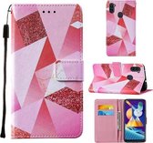 Voor Samsung Galaxy A11 / M11 Cross Texture Painting Pattern Horizontale Flip lederen hoes met houder & kaartsleuven & portemonnee & lanyard (roze ruit)