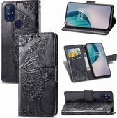 Voor OnePlus Nord N10 5G Butterfly Love Flower Reliëf Horizontale Flip Leren Case met Beugel / Kaartsleuf / Portemonnee / Lanyard (Zwart)