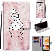 Voor LG K61 Gekleurde Tekening Cross Textuur Horizontale Flip PU Lederen Case met Houder & Kaartsleuven & Portemonnee & Lanyard (Roze Handen Hart)