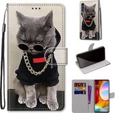Voor LG Fluwelen Gekleurde Tekening Cross Textuur Horizontale Flip PU Lederen Case met Houder & Kaartsleuven & Portemonnee & Lanyard (Gouden Ketting Grijze Kat)