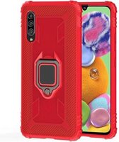 Voor Galaxy A50 koolstofvezel beschermhoes met 360 graden roterende ringhouder (rood)