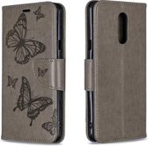 Two Butterflies Embossing Pattern Horizontale Flip Leather Case voor LG Q Stylo 5, met houder & kaartsleuven en portemonnee (grijs)
