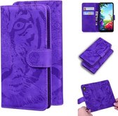 Voor LG K40S Tiger Embossing Pattern Horizontale Flip lederen tas met houder & kaartsleuven & portemonnee (paars)