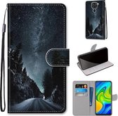 Voor Xiaomi Redmi 10X 4G / Note 9 Gekleurde tekening Cross Texture Horizontale Flip PU lederen tas met houder & kaartsleuven & portemonnee & lanyard (Mountain Road Starry Sky)