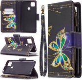Voor Xiaomi Redmi 9C Gekleurde Tekening Patroon Rits Horizontale Flip Leren Case met Houder & Kaartsleuven & Portemonnee (Grote Vlinder)