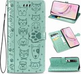 Voor Xiaomi 10/10 Pro Leuke kat en hond in reliëf gemaakte horizontale flip lederen tas met beugel / kaartsleuf / portemonnee / lanyard (groen)