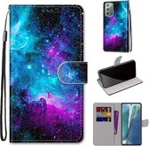 Voor Samsung Galaxy Note20 Gekleurde Tekening Cross Textuur Horizontale Flip PU Lederen Case met Houder & Kaartsleuven & Portemonnee & Lanyard (Paars Groene Sterrenhemel)