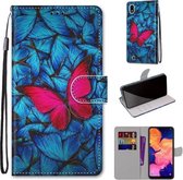 Voor Samsung Galaxy A10 Gekleurde tekening Cross Texture Horizontale Flip PU lederen tas met houder & kaartsleuven & portemonnee & lanyard (grote rode vlinder op blauw)