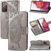 Voor Galaxy S20 FE / S20 Lite Butterfly Love Flower Reliëf Horizontale Flip Leren Case met Beugel / Kaartsleuf / Portemonnee / Lanyard (Grijs)