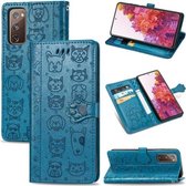 Voor Galaxy S20 FE / S20 Lite schattige kat en hond reliëf horizontale flip lederen tas met beugel / kaartsleuf / portemonnee / lanyard (blauw)