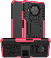 Voor Geschikt voor Xiaomi Mi 10T Lite 5G Bandentextuur Schokbestendig TPU + pc-beschermhoes met houder (roze)
