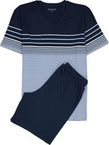 SCHIESSER heren shortama - V-hals - licht- met donkerblauw gestreept -  Maat: XXL