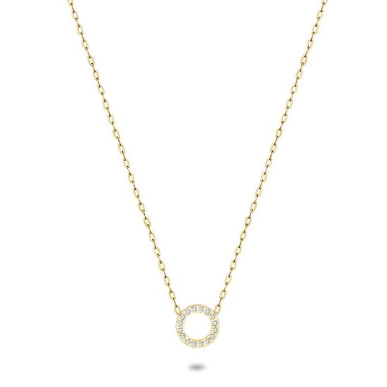 Twice As Nice Halsketting in goudkleurig edelstaal, open cirkel, witte kristallen 38 cm+5 cm