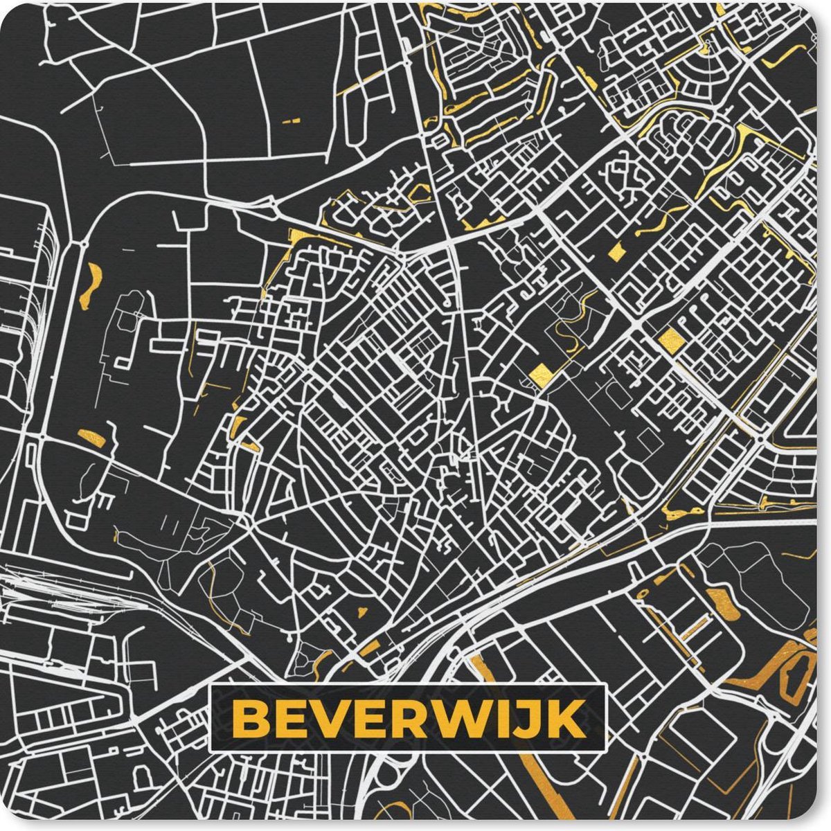 Muismat 30x30 cm - Mousepad Kaart - Beverwijk - Goud - Zwart - Muismatten