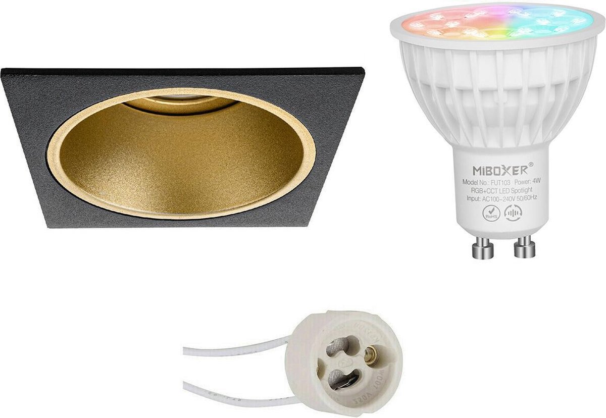 Mi-Light MiBoxer - LED Spot Set GU10 - Smart LED - Wifi LED - Slimme LED - 4W - RGB+CCT - Aanpasbare Kleur - Dimbaar - Proma Minko Pro - Inbouw Vierkant - Mat Zwart/Goud - Verdiept - 90mm