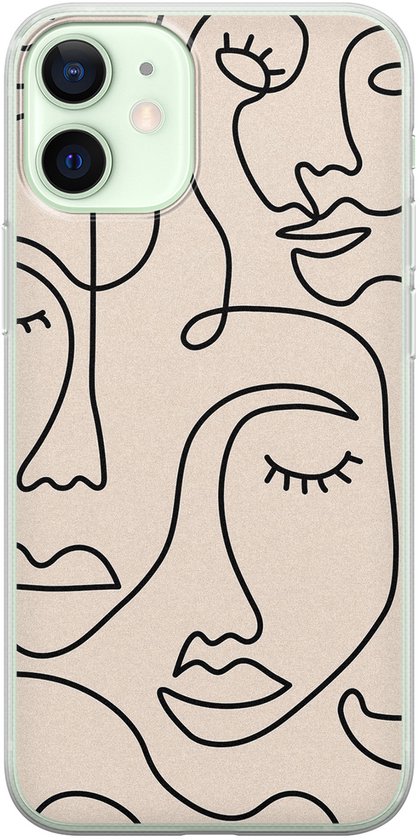 Coque beige clair pour iPhone 12 Mini avec des visages abstraits en lignes noires.