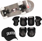 Skateboard set voor kinderen maat L - 9-10 jaar/valbescherming/skater pet/skateboard met print 43 cm zwart/grijs