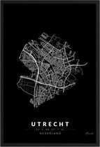 Poster Stad Utrecht - A2 - 42 x 59,4 cm - Inclusief lijst (Zwart Aluminium) Citymap Zwart met Witte Details - Stadsposter - Plaatsnaam poster Utrecht - Stadsplattegrond