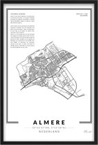 Poster Stad Almere - A4 - 21 x 30 cm - Inclusief lijst (Zwart Aluminium) Citymap Almere  - Stadsposter - Plaatsnaam poster Almere - Stadsplattegrond