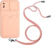 Sliding Camera Cover Design TPU-beschermhoes met kaartsleuf en nekkoord voor iPhone X / XS (roze)
