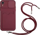 Sliding Camera Cover Design TPU-beschermhoes met kaartsleuf en nekkoord voor iPhone XR (wijnrood)