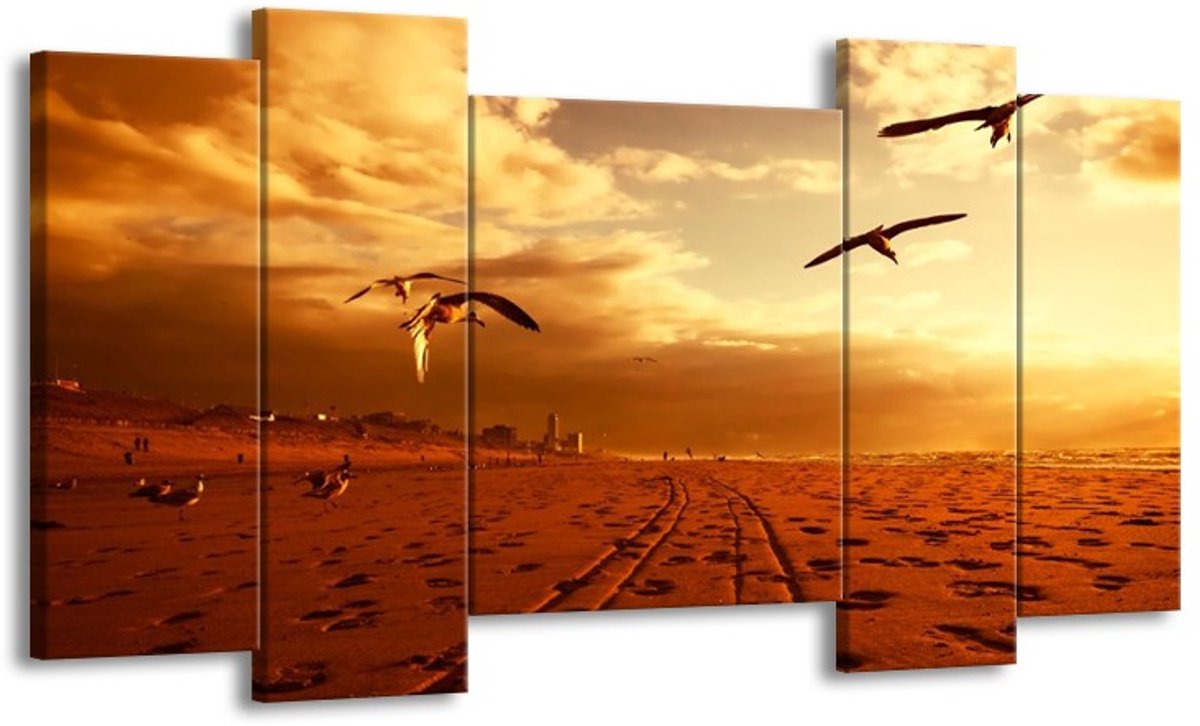 GroepArt - Schilderij - Vogels - Goud, Geel, Oranje - 120x65 5Luik - F000002Foto Op Canvas - GroepArt 6000+ Schilderijen 0p Canvas Art Collectie - Wanddecoratie
