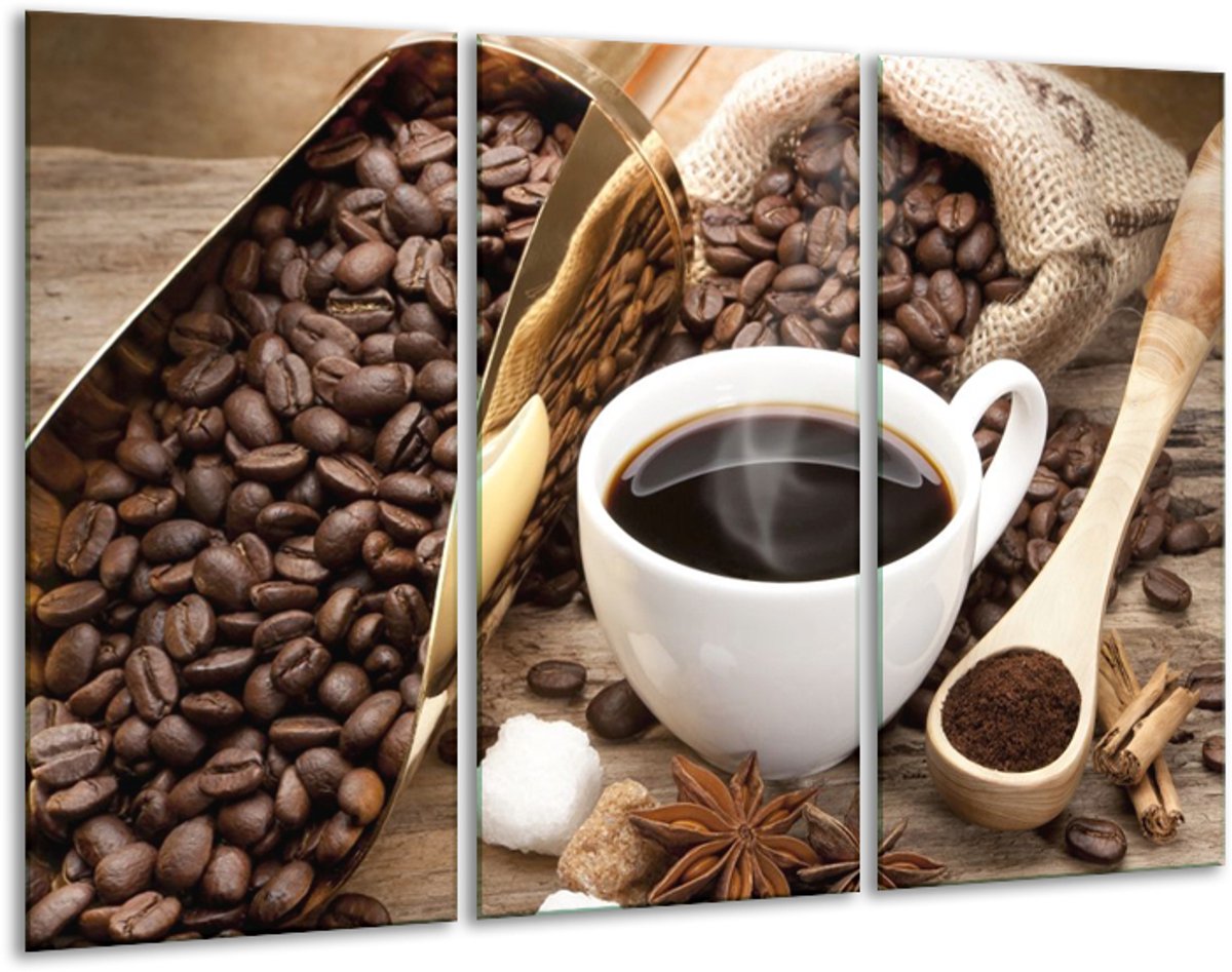 GroepArt - Schilderij - Koffie - Bruin, Wit, Goud - 120x80cm 3Luik - 6000+ Schilderijen 0p