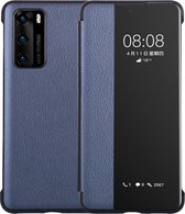 Voor Huawei P40 PU lederen horizontale flip case, met Smart View Window & Sleep / Wake-up Function (donkerblauw)