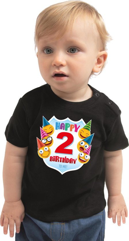 Foto: Happy birthday 2e verjaardag t shirt peuter unisex jongens meisjes 2 jaar shirt met emoticons zwart voor kinderen 92