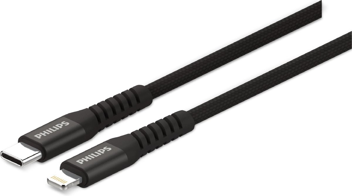 Philips USB Kabel 3.0 - USB-C naar Lightning - Lengte: 2 Meter - Premium Nylon - Zwart