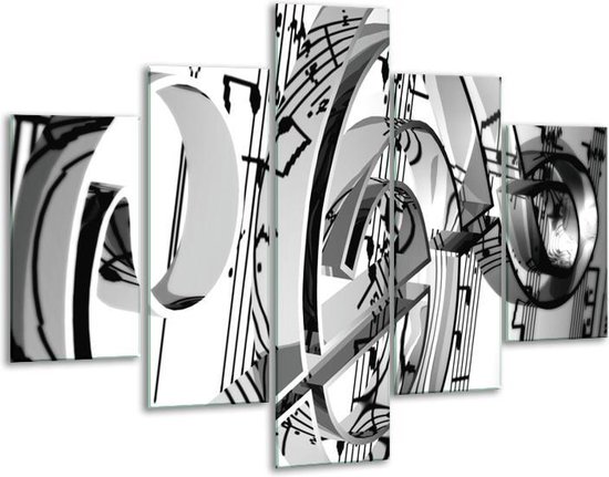 Glasschilderij -  Muziek - Zwart, Wit, Grijs - 100x70cm 5Luik - Geen Acrylglas Schilderij - GroepArt 6000+ Glasschilderijen Collectie - Wanddecoratie- Foto Op Glas