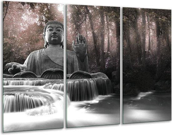 Glasschilderij Boeddha, Natuur - Grijs, Bruin - 120x80cm 3Luik - Foto Op Glas - Geen Acrylglas Schilderij - GroepArt 6000+ Glas Art Collectie - Maatwerk Mogelijk