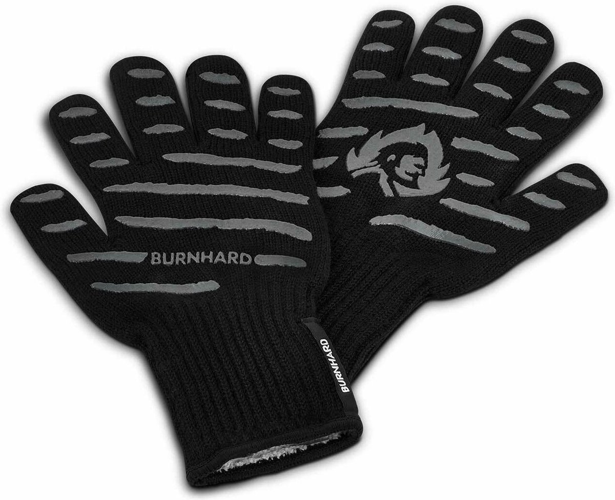 BURNHARD® BBQ Handschoenen Aramidevezels, hittebestendig tot 350°C, antislip siliconen strips, lange manchetten, dubbelzijdig, wasmachinebestendig – Pro Grillhandschoenen